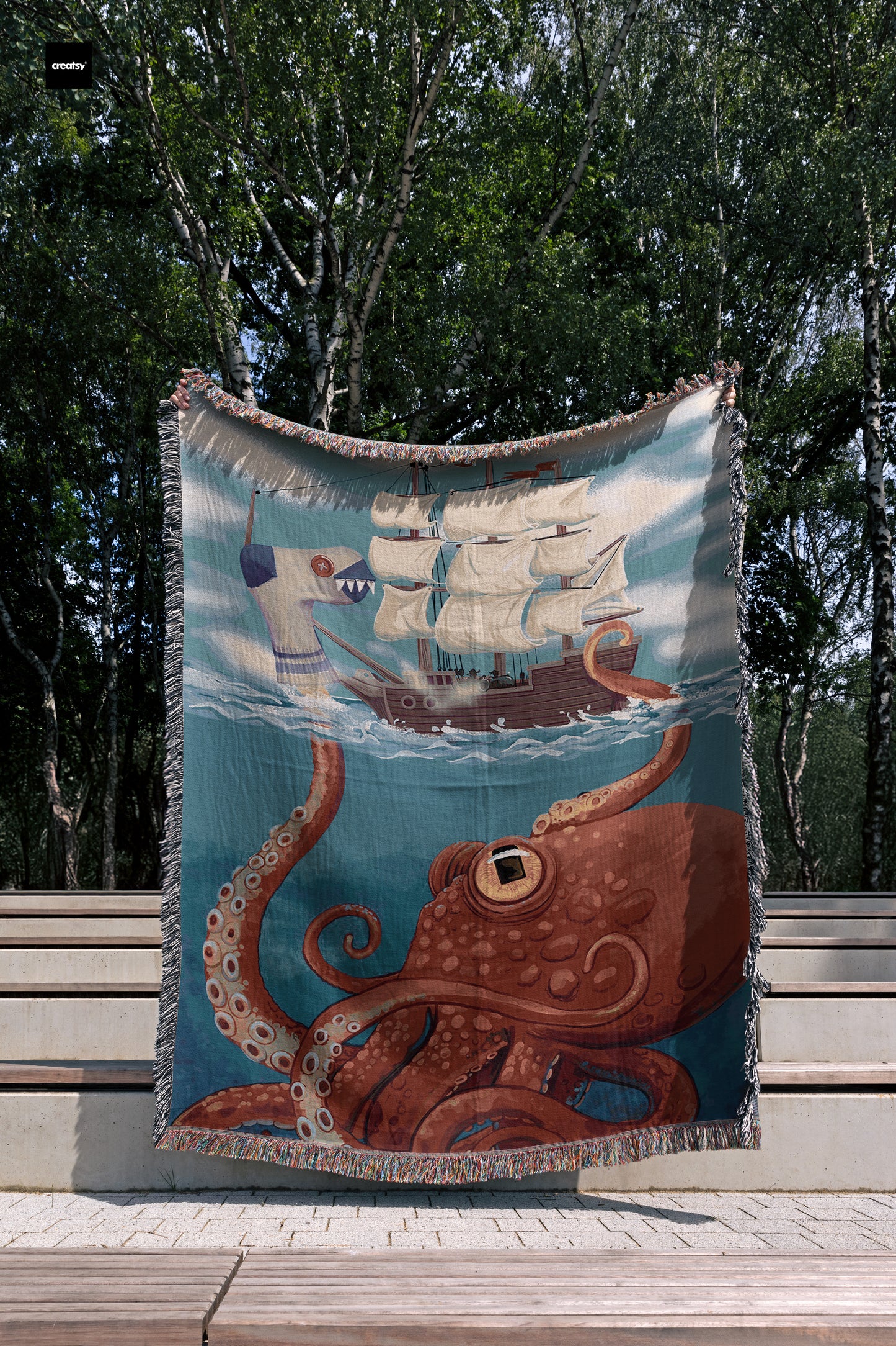 Giant Octopus Kraken with Sock Puppet Woven Blanket