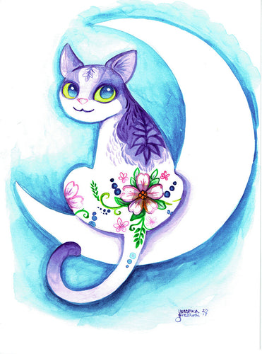 Flower Mooncat Watercolor Painting