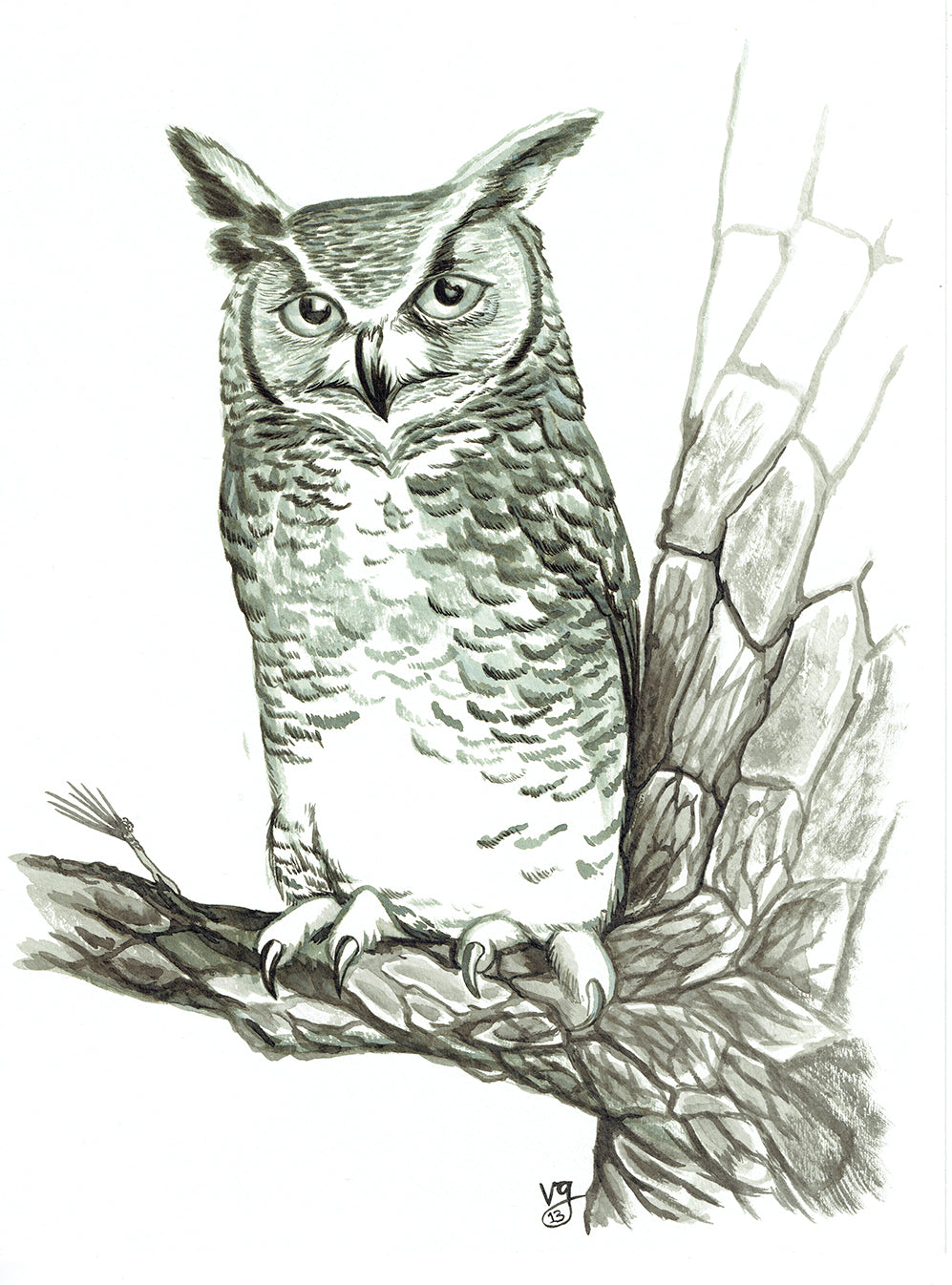 2013 Superb Owl— Great Horned Owl Original Ink Wash Painting