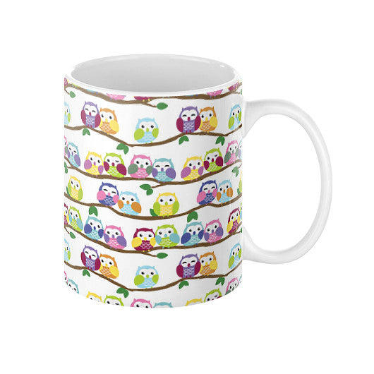 Colorful Owls on Branches Coffee Mug 11oz - Sharptooth Snail