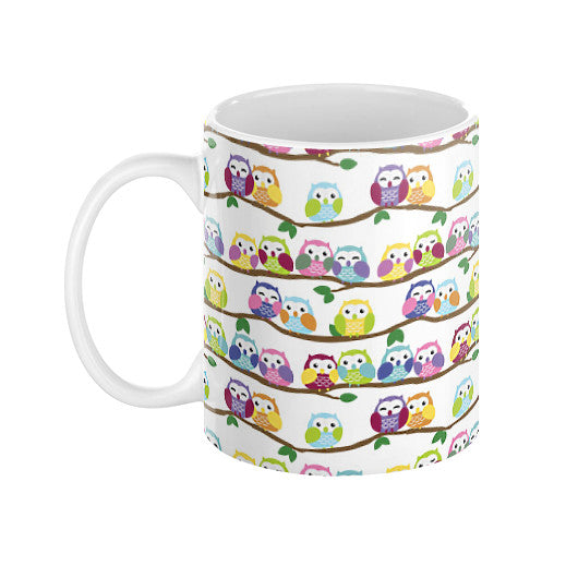 Colorful Owls on Branches Coffee Mug 11oz - Sharptooth Snail