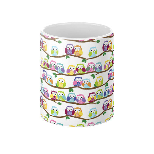 Colorful Owls on Branches Coffee Mug 11oz - Sharptooth Snail