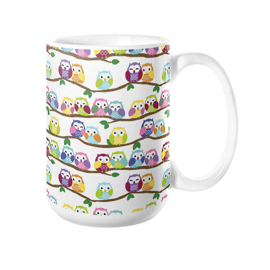 Colorful Owls on Branches Coffee Mug 15oz - Sharptooth Snail