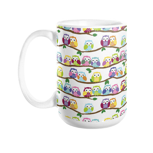 Colorful Owls on Branches Coffee Mug 15oz - Sharptooth Snail