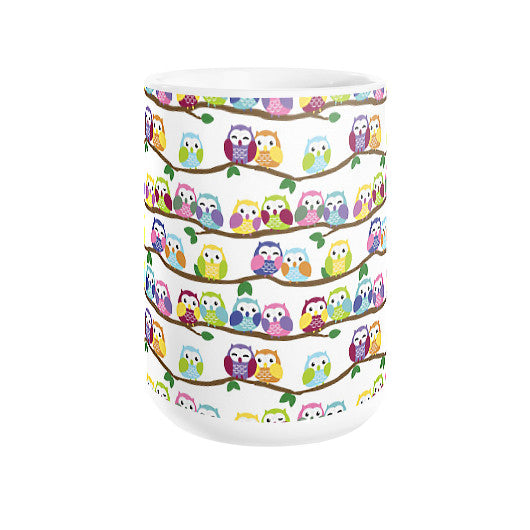 Colorful Owls on Branches Coffee Mug 15oz - Sharptooth Snail