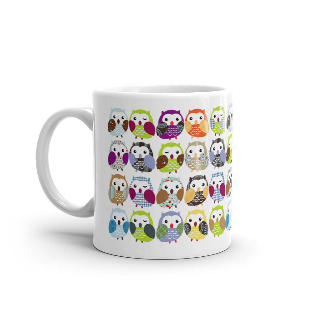 Colorful Owl Pattern White glossy mug