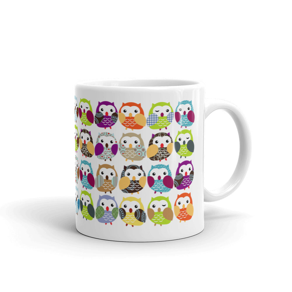 Colorful Owl Pattern White glossy mug