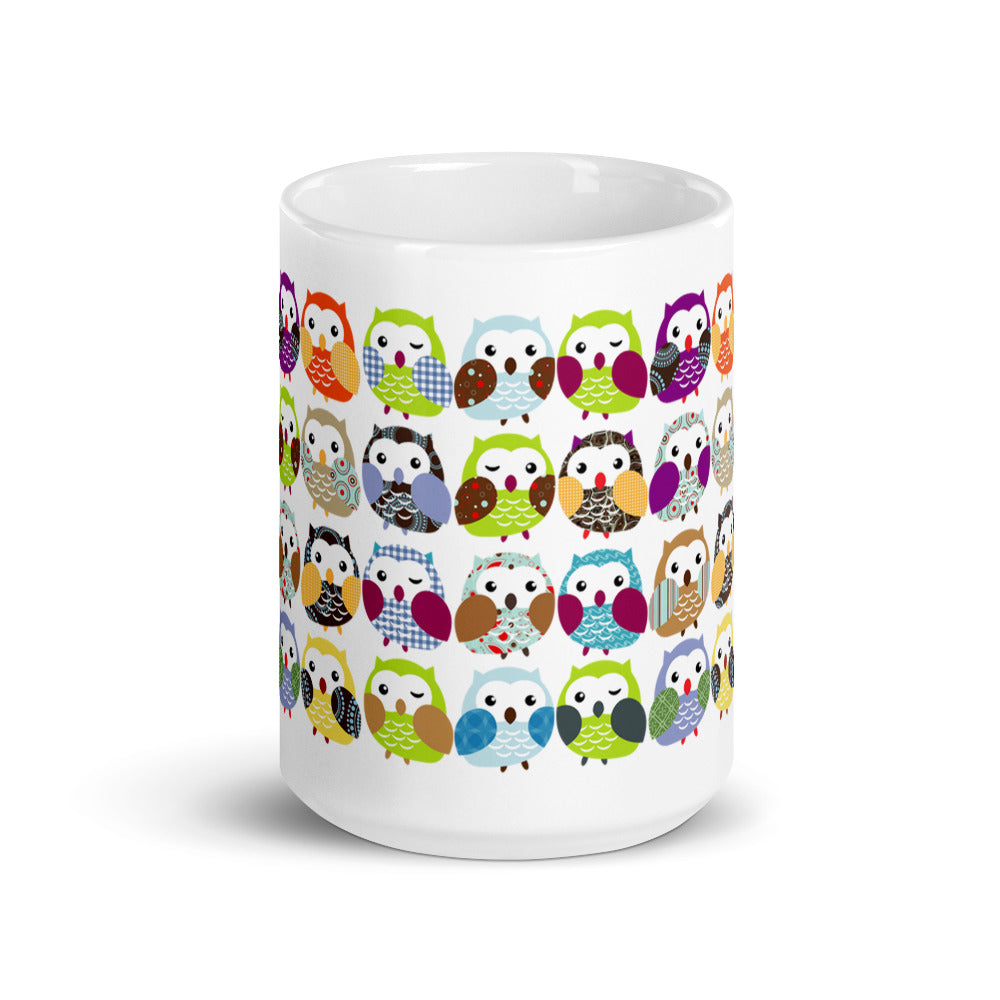 Colorful Owl Pattern White glossy mug