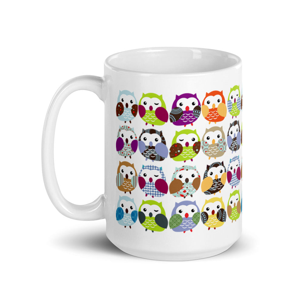 Colorful Owl Pattern White glossy mug