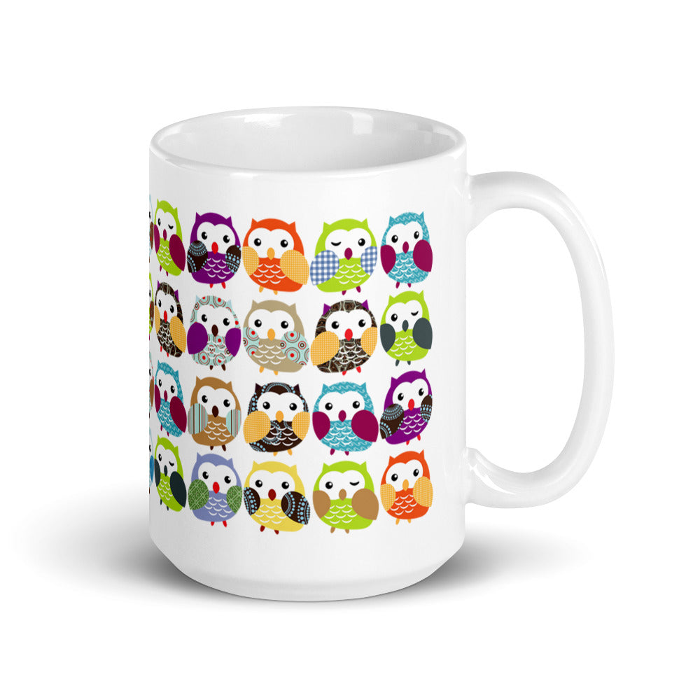 Colorful Owl Pattern White glossy mug